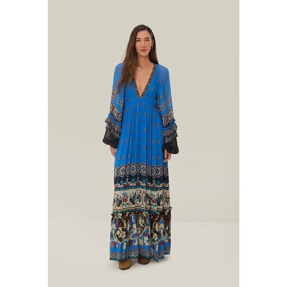 FARM RIO Blue Black Bell Sleeve Ainika Tiles Flowy V-Neck Maxi Gown Size XS - Picture 1 of 14